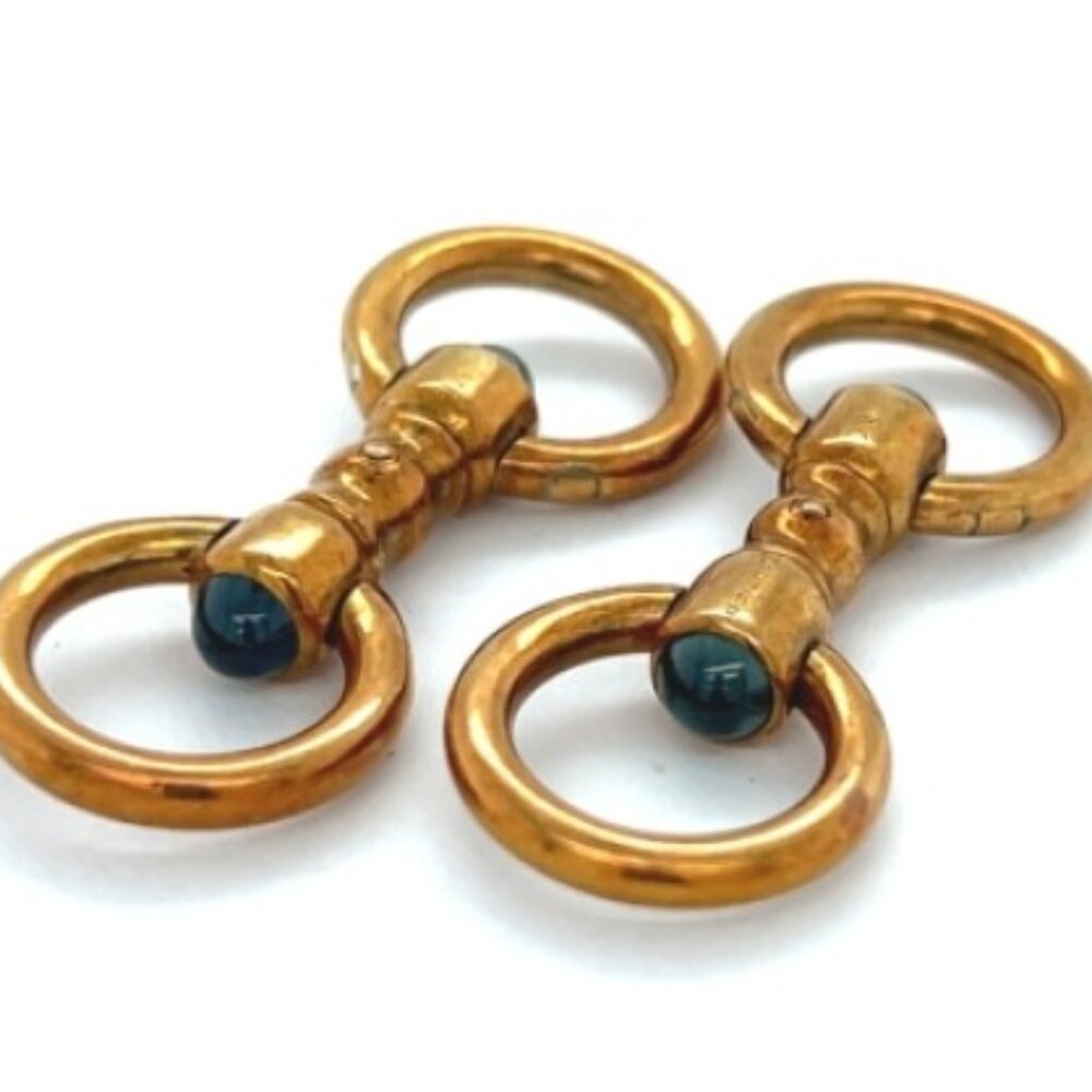 14K CARTIER Men's Art Deco Sapphire Cabochon Yellow Gold Stirrup Cuff Links